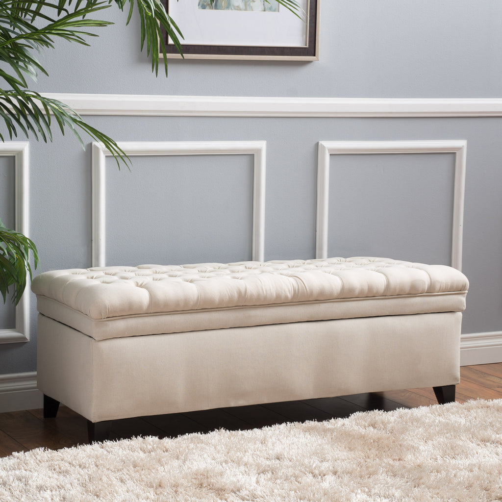 Juliana Contemporary Storage Ottoman with Button-Tufted Diamond Stitching in Beige Fabric - Grand Goldman Shop