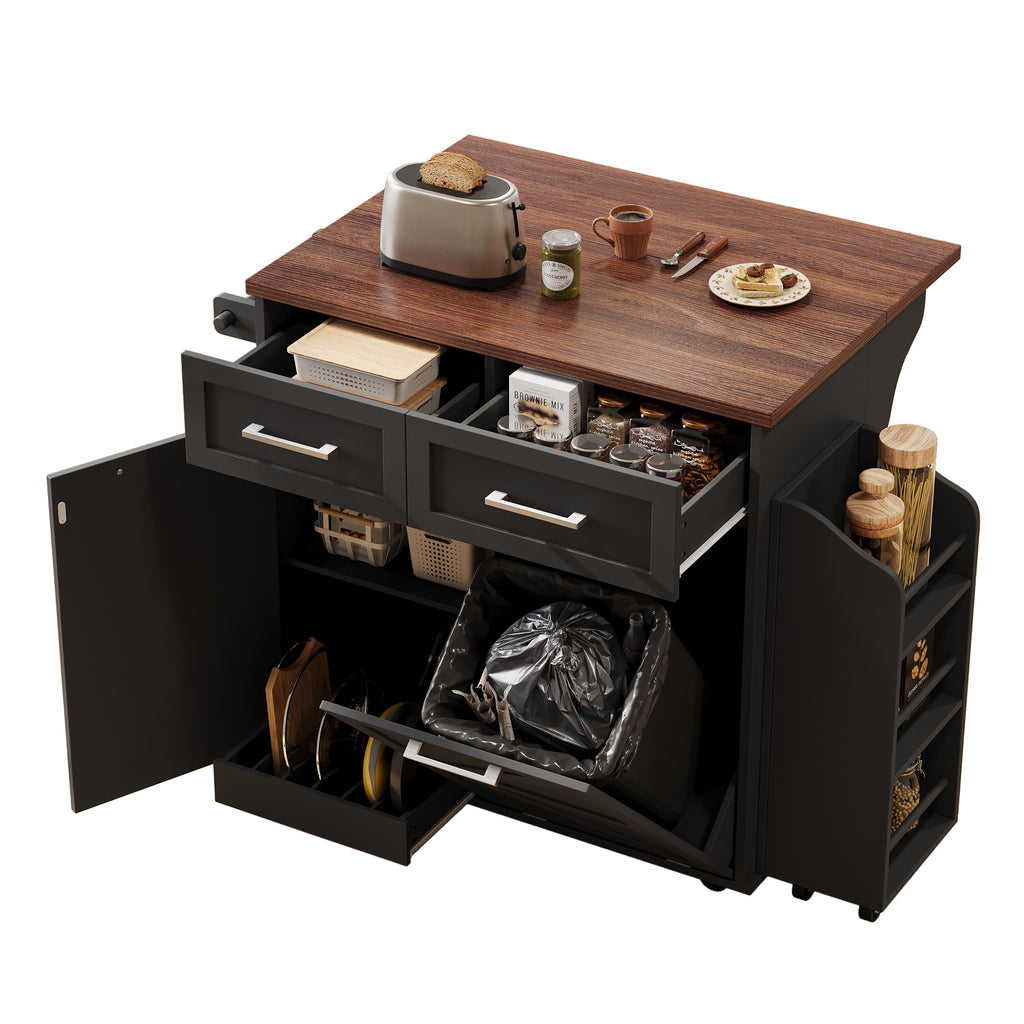 K&K 47.2' Farmhouse Kitchen Island with Drop Leaf, Kitchen Storage Island with Removable Side Racks, Two Drawers, Rolling Kitchen Cart on Wheels with Towel Rack, for Home, Kitchen, Dining Room, Black - Grand Goldman Shop