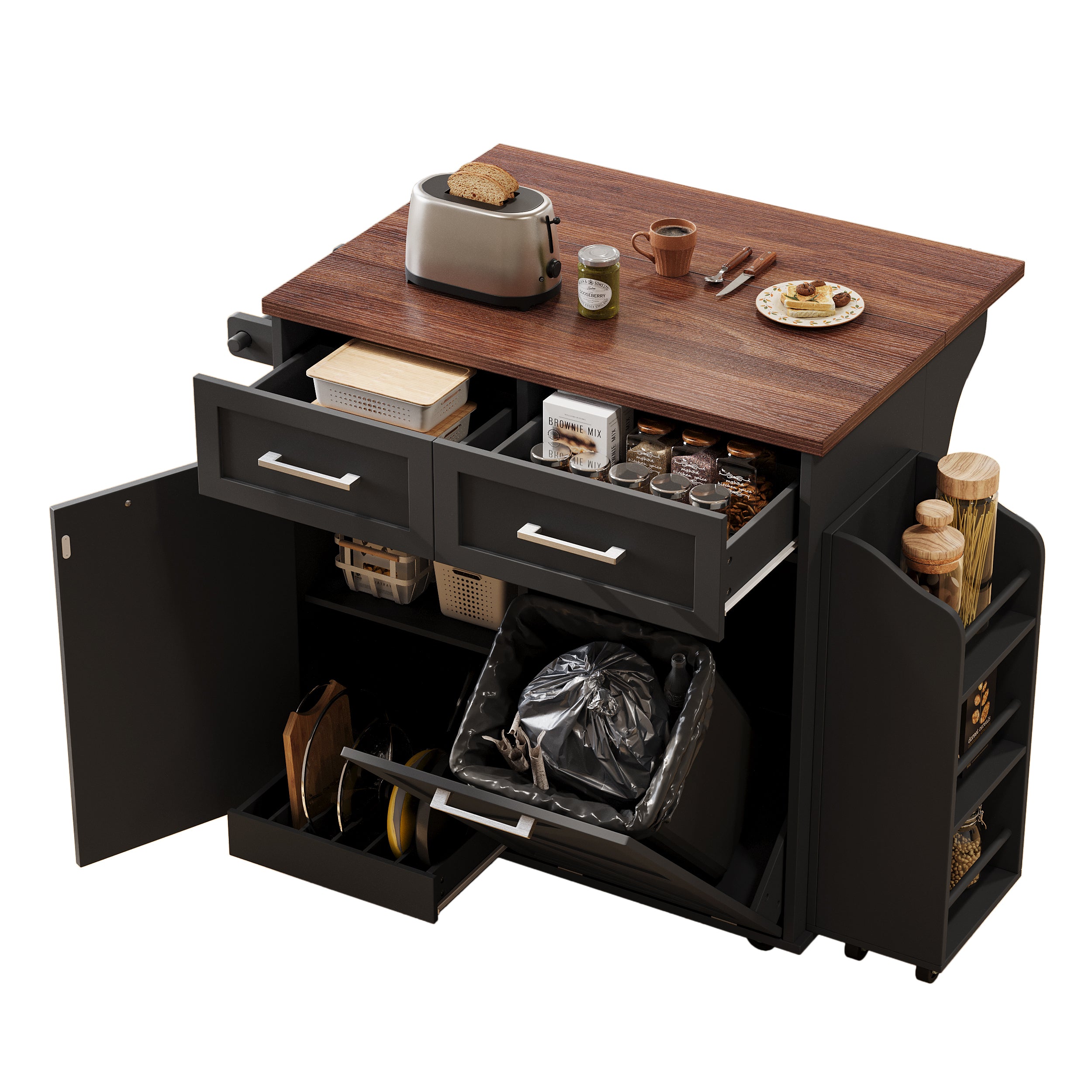 K&K 47.2' Farmhouse Kitchen Island with Drop Leaf, Kitchen Storage Island with Removable Side Racks, Two Drawers, Rolling Kitchen Cart on Wheels with Towel Rack, for Home, Kitchen, Dining Room, Black - Grand Goldman Shop