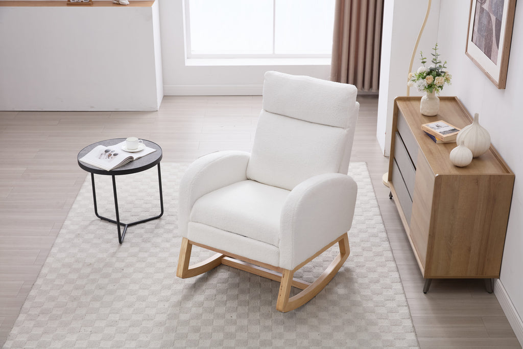 015B-Teddy Fabric Leisure Rocking Chair,Nursery Rocking Chair With Adjustable Footstool,Thickened Headrest And High Backrest, Storage Pocket On The Right Side,The Base Rocker Is Solid Wood,White - Grand Goldman Shop