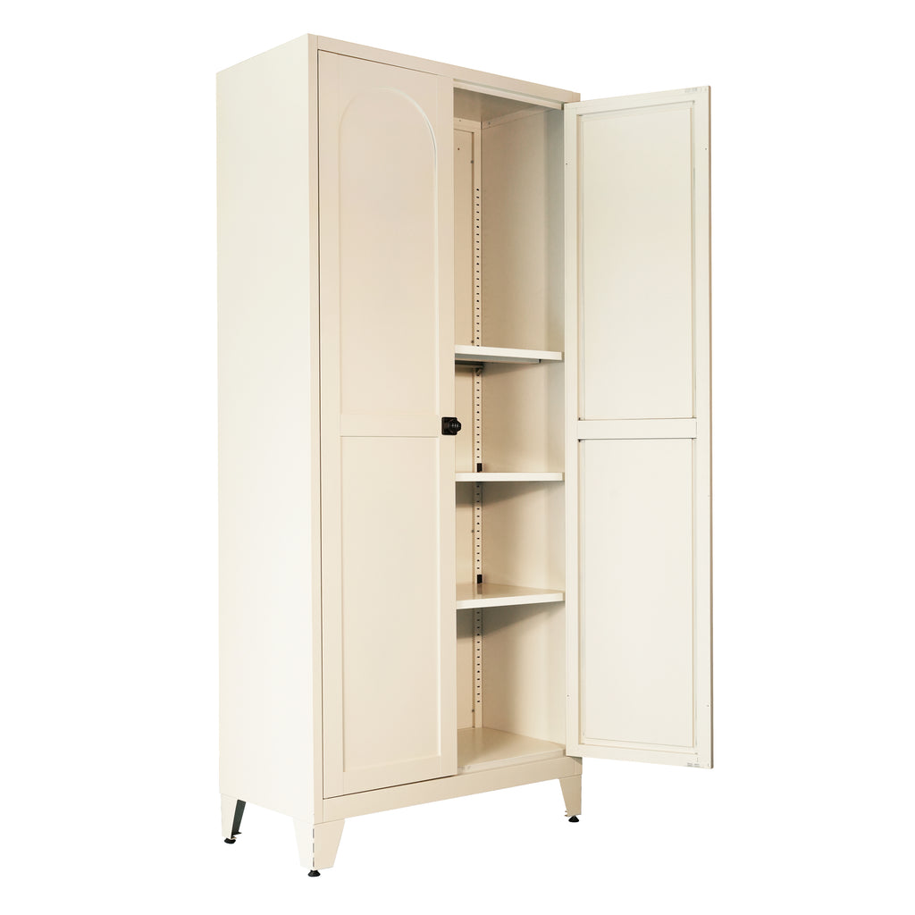 71'' 2 Shapely Doors Cabinet with Lock, Metal Storage Cabinet with Doors and Adjustable Shelves, for Bedroom, Living Room, Kitchen (Beige) - Grand Goldman Shop