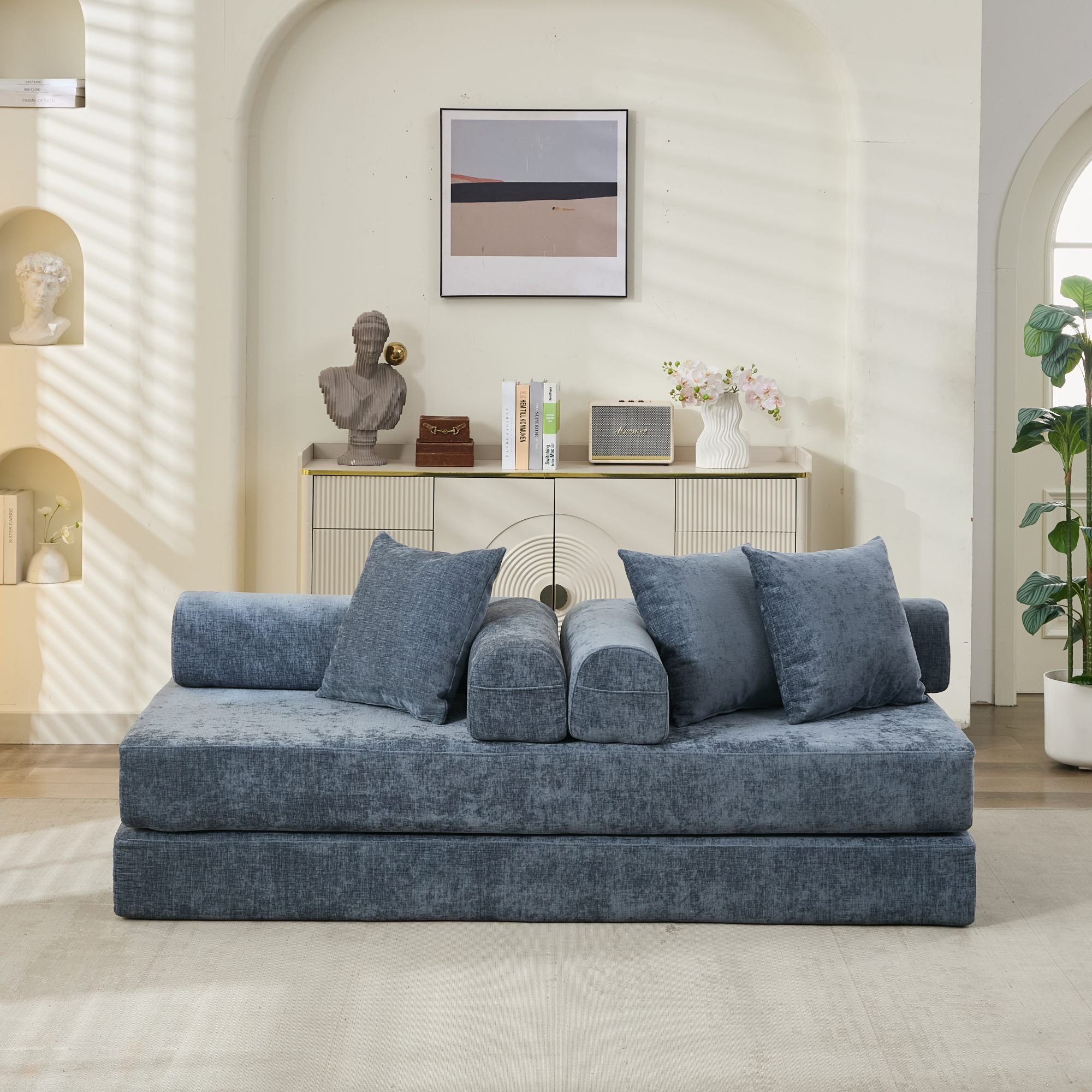 Comfy Convertible Folding Mattress Couch, Floor Sofa Bed, Chenille Floor Sofa with Armrest, Floor Sofa Lounge Couch for Living Room Bedroom Lounge Studio-Blue - Grand Goldman Shop