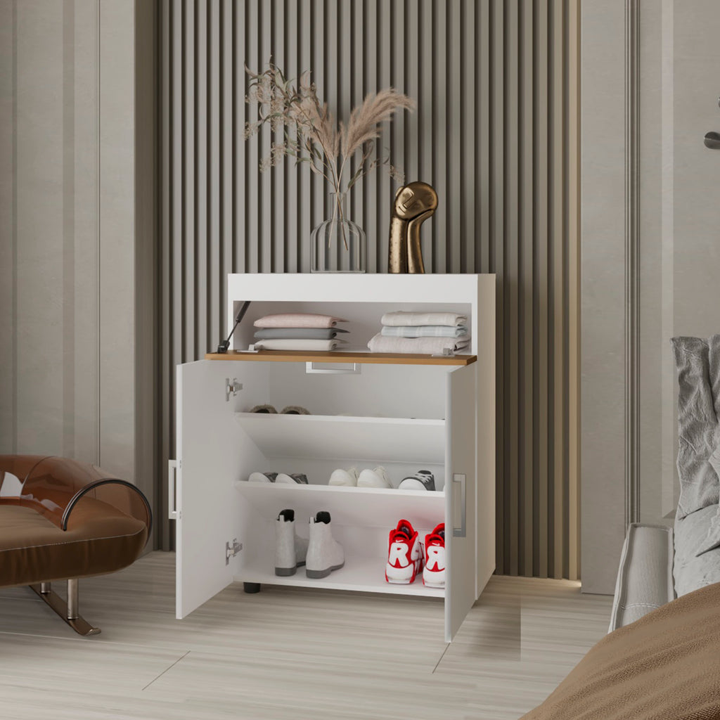 FM FURNITURE North Fork Shoe Rack, Pneumatic Lift-Up Compartment, Dual Doors, White and Natural Oak - Grand Goldman Shop