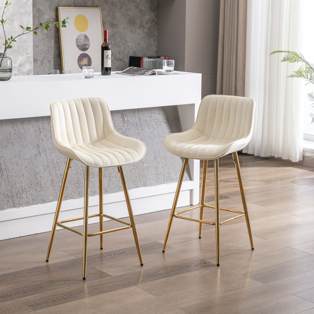 26 Inch Set of 2 Bar Stools,with Chrome Footrest Velvet Fabric Counter Stool Golden Leg Simple Bar Stool,CREAM - Grand Goldman Shop