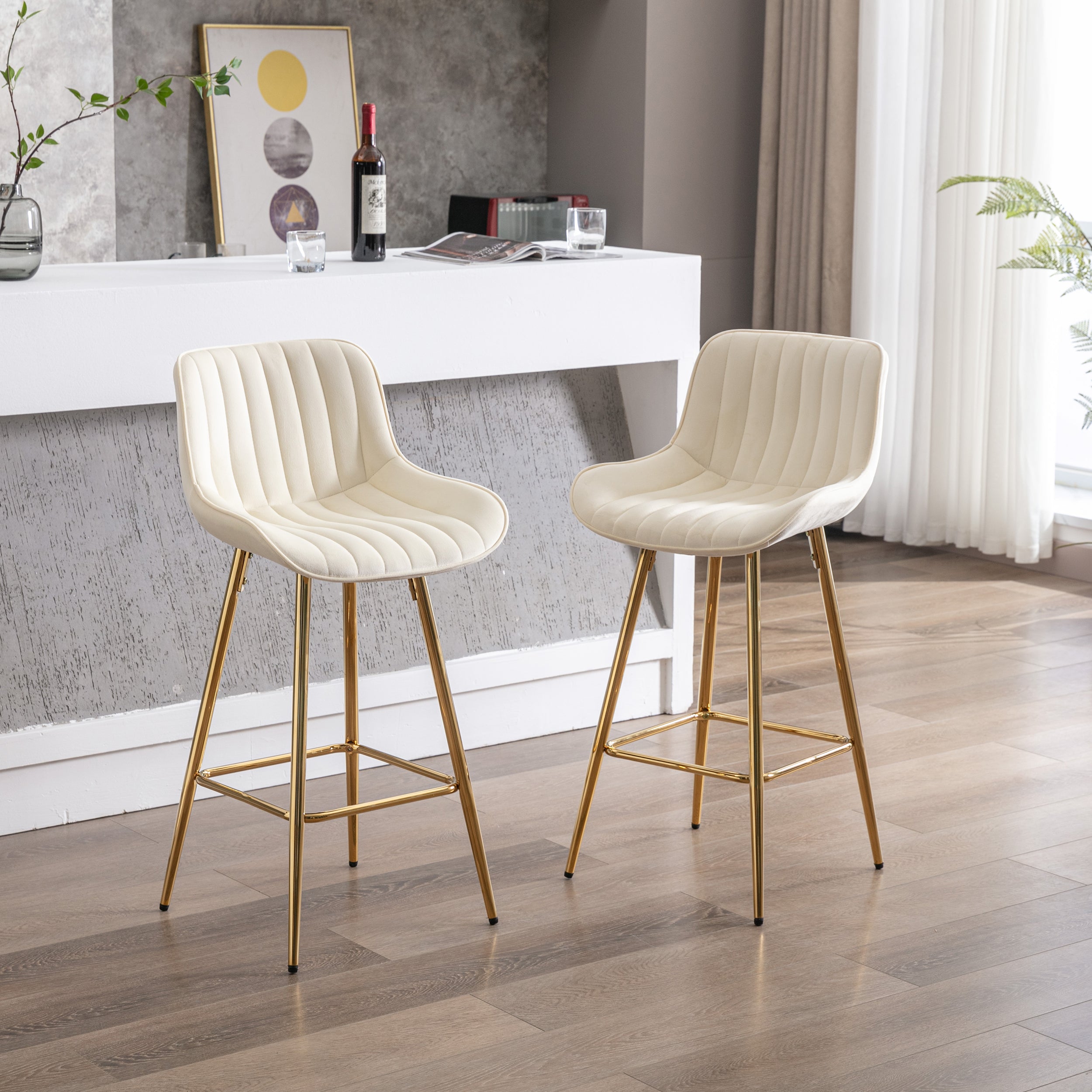 26 Inch Set of 2 Bar Stools,with Chrome Footrest Velvet Fabric Counter Stool Golden Leg Simple Bar Stool,CREAM - Grand Goldman Shop