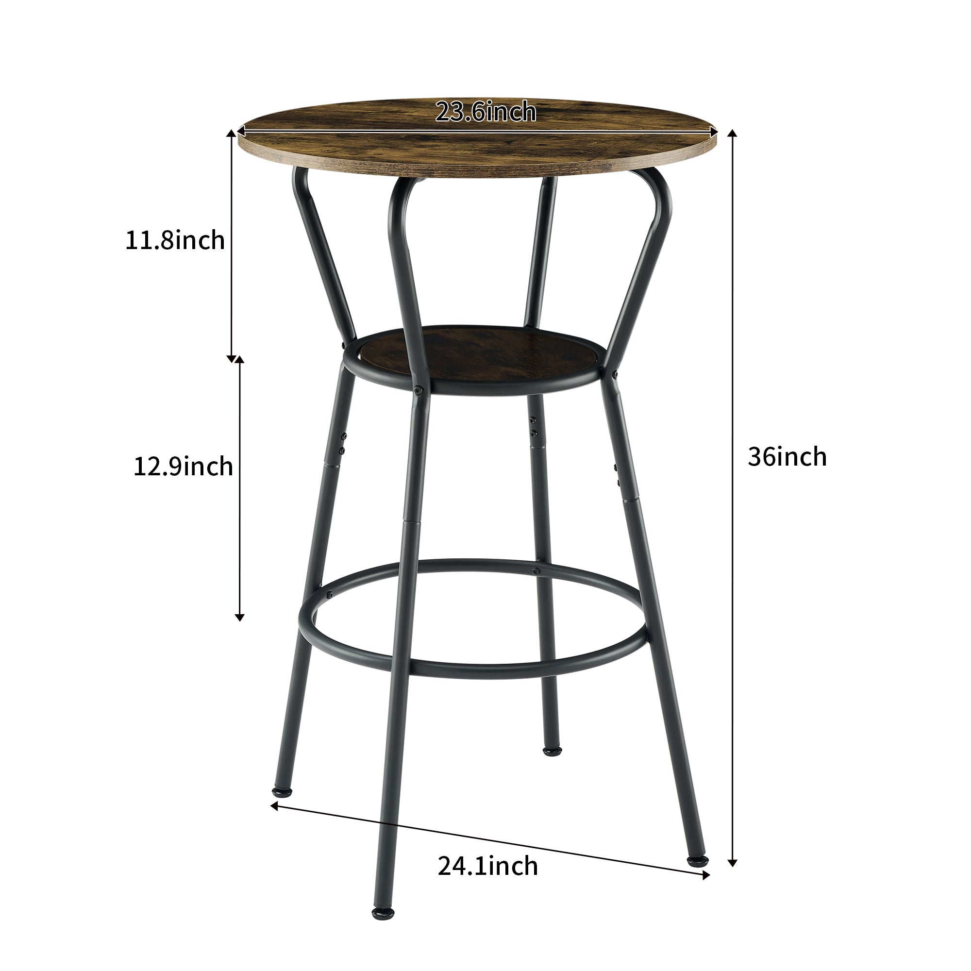 Rustic Brown Round Bar Table and Stool Set with Shelf, Upholstered Stool with Backrest, Metal & Wood, 24.17'W x 24.17'D x 36.02'H - Grand Goldman Shop