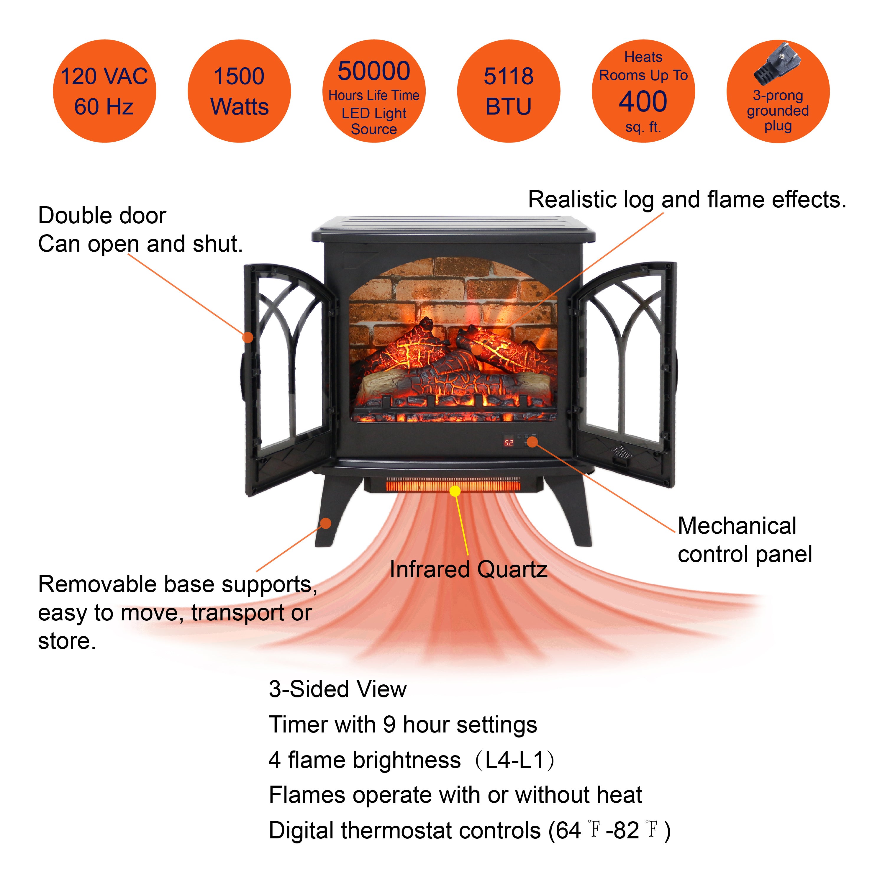 Antique Black 3D Flame Electric Infrared Quartz Fireplace Stove with Remote, Tempered Glass, 24 Inch - Grand Goldman Shop