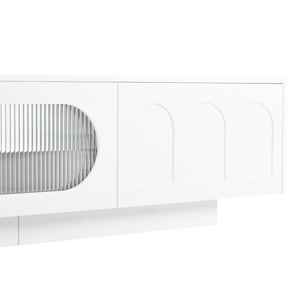 ON-TREND TV Stand with Fluted tempered Glass Doors for TVs Up to 95'', Functional Media Console with Arched Cabinet Doors, Entertainment Center with APP-Controlled LED Light for Living Room, White - Grand Goldman Shop