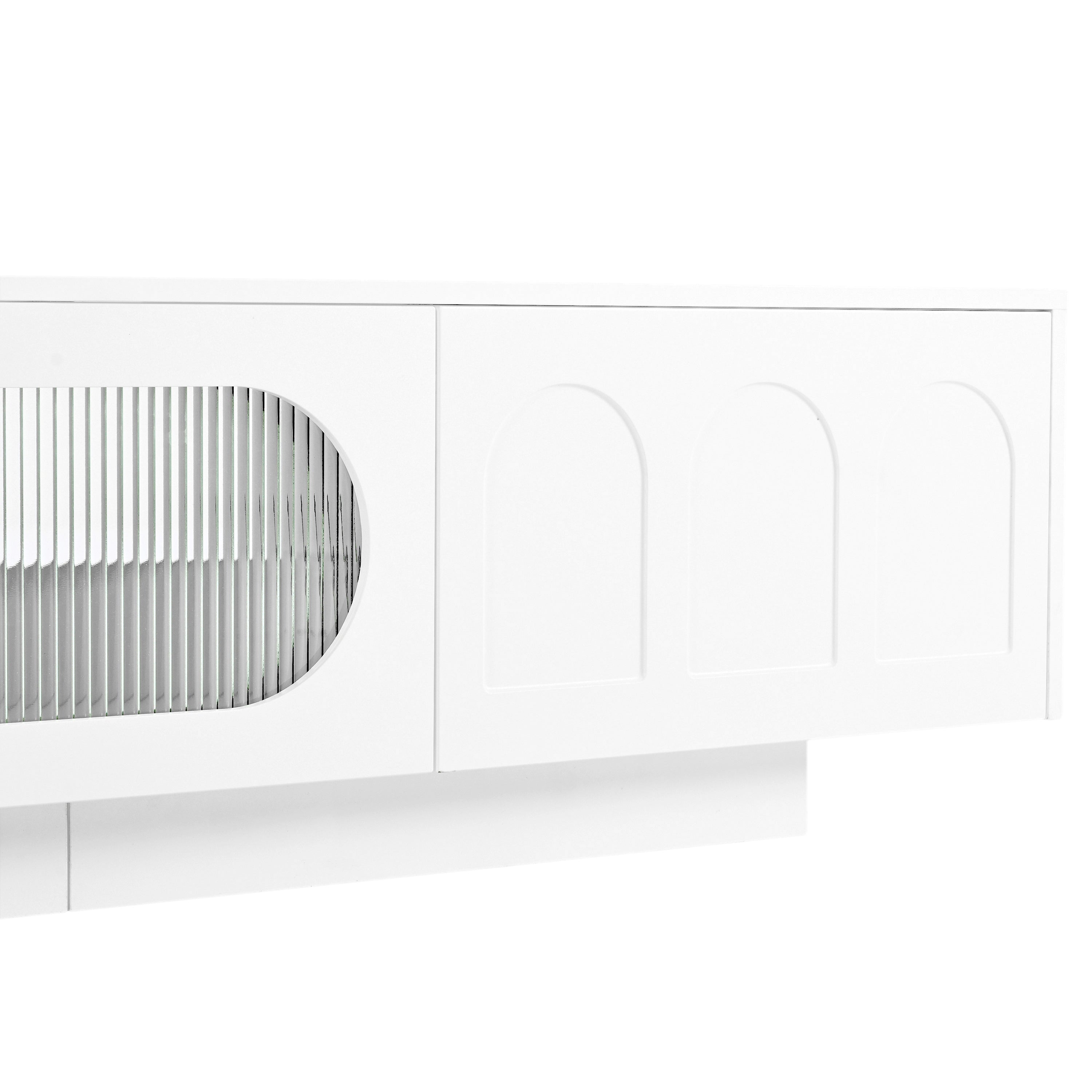 ON-TREND TV Stand with Fluted tempered Glass Doors for TVs Up to 95'', Functional Media Console with Arched Cabinet Doors, Entertainment Center with APP-Controlled LED Light for Living Room, White - Grand Goldman Shop