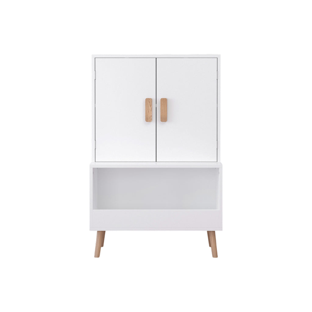 Kids Toy Storage Cabinet with Doors and Open Shelf, White Modern Wooden Organizer with Natural Wood Legs, Toddler Bookshelf f