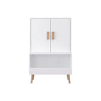 Kids Toy Storage Cabinet with Doors and Open Shelf, White Modern Wooden Organizer with Natural Wood Legs, Toddler Bookshelf f