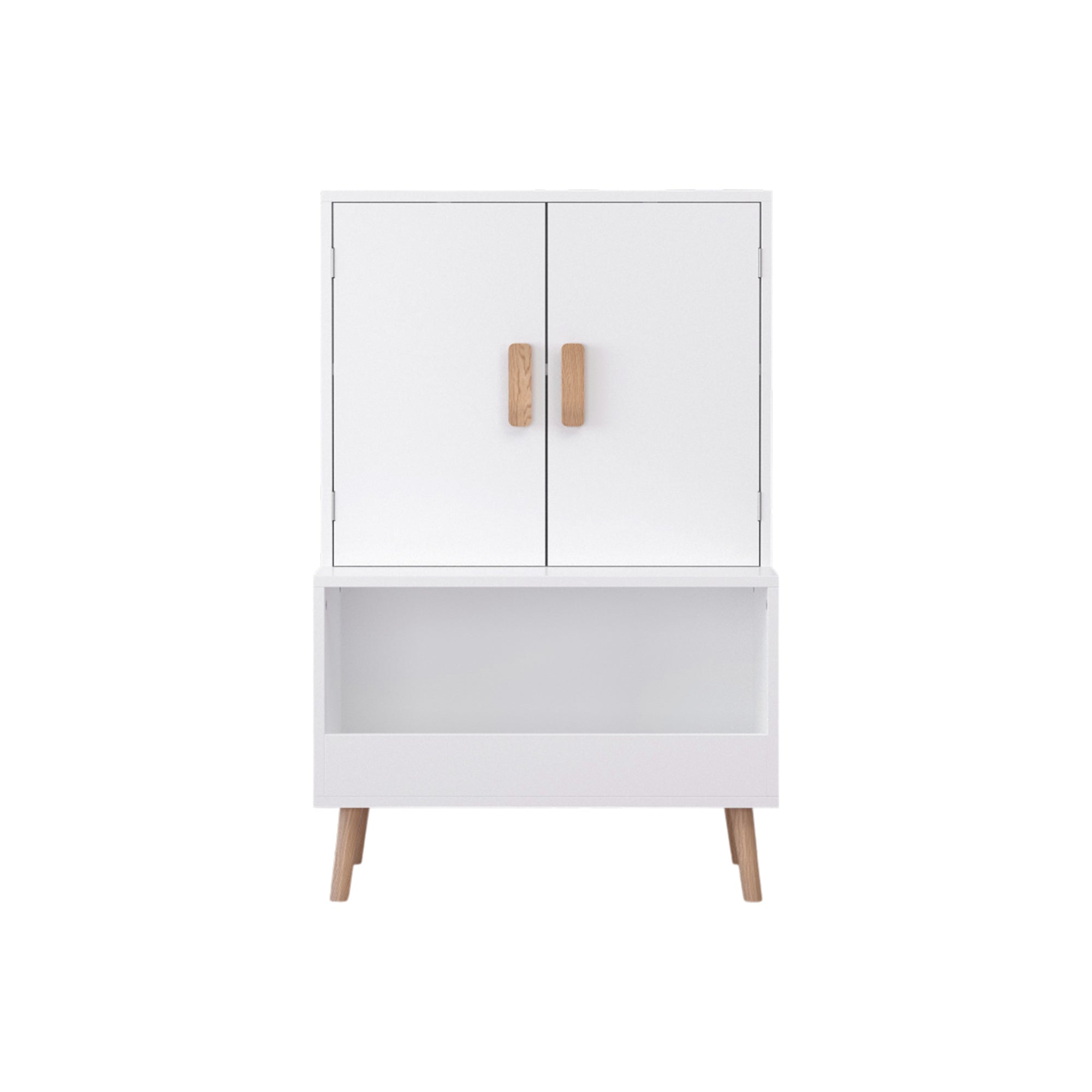 Kids Toy Storage Cabinet with Doors and Open Shelf, White Modern Wooden Organizer with Natural Wood Legs, Toddler Bookshelf f