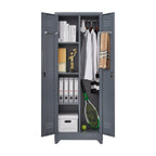 Grey Heavy Duty Metal Storage Cabinet with Locking Doors, Hanging Rod & Shelves, 65' H Broom Closet for Garage or Basement | 