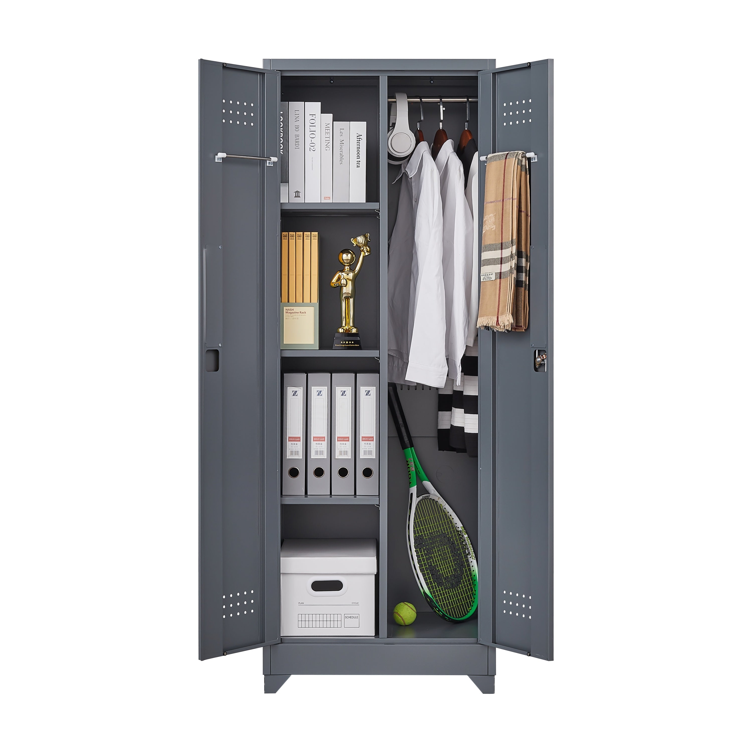 Grey Heavy Duty Metal Storage Cabinet with Locking Doors, Hanging Rod & Shelves, 65' H Broom Closet for Garage or Basement | 