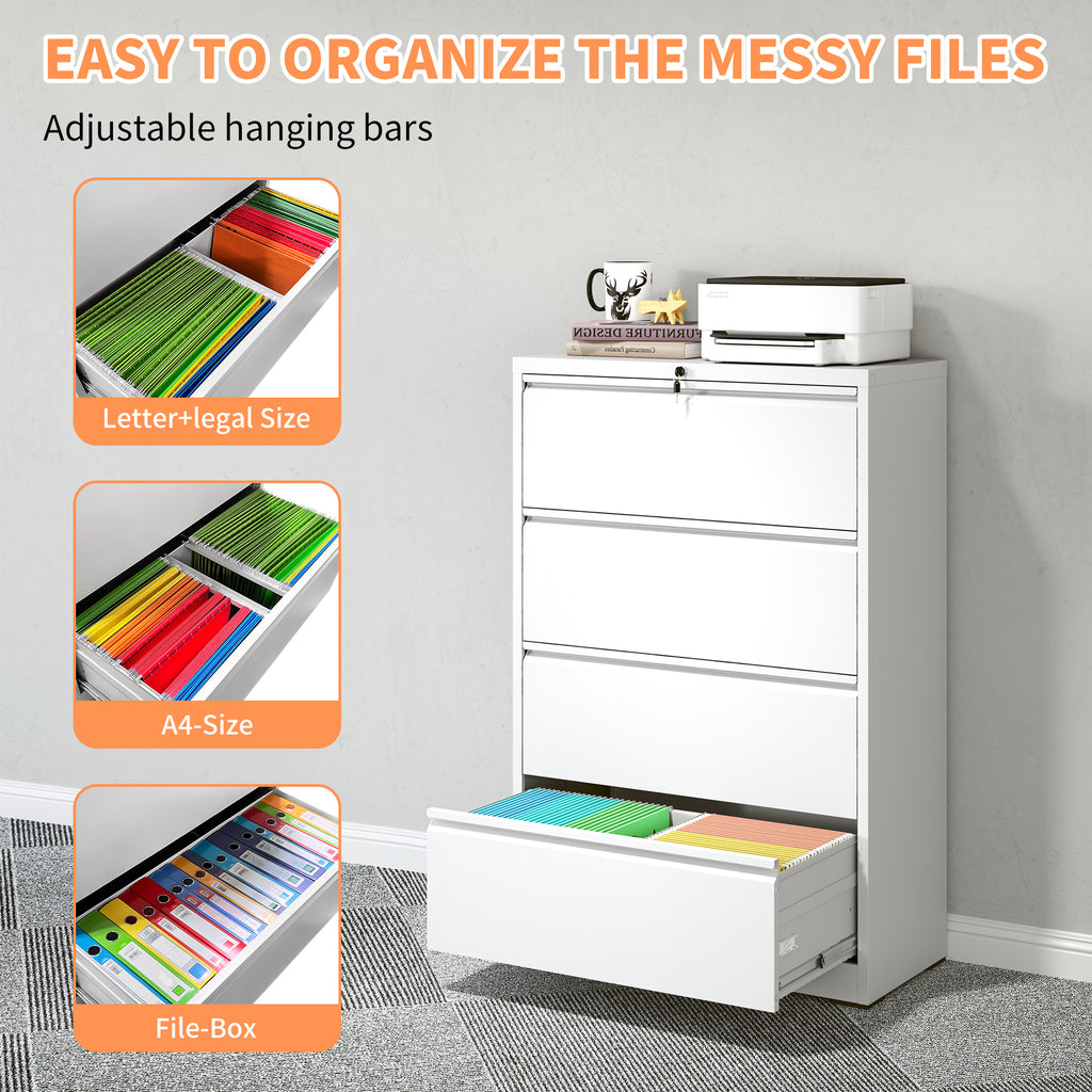 Stylish 4 Drawer Lateral File Cabinet, Heavy Duty Metal Filing Cabinet, 35.4 Inch Wide Locking File Cabinet for Home Office, 
