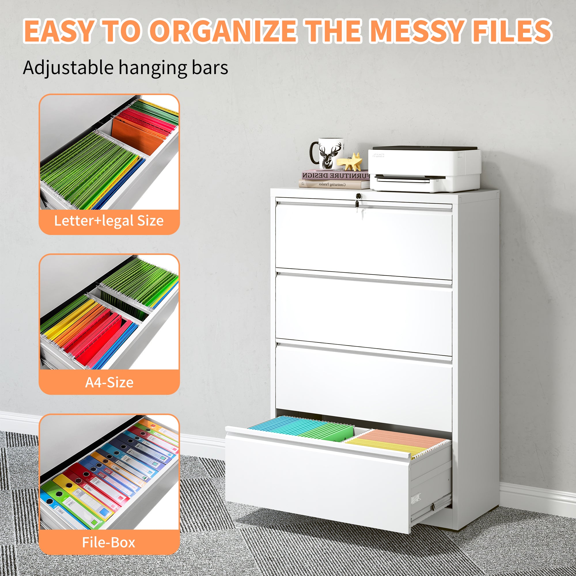 Stylish 4 Drawer Lateral File Cabinet, Heavy Duty Metal Filing Cabinet, 35.4 Inch Wide Locking File Cabinet for Home Office, 