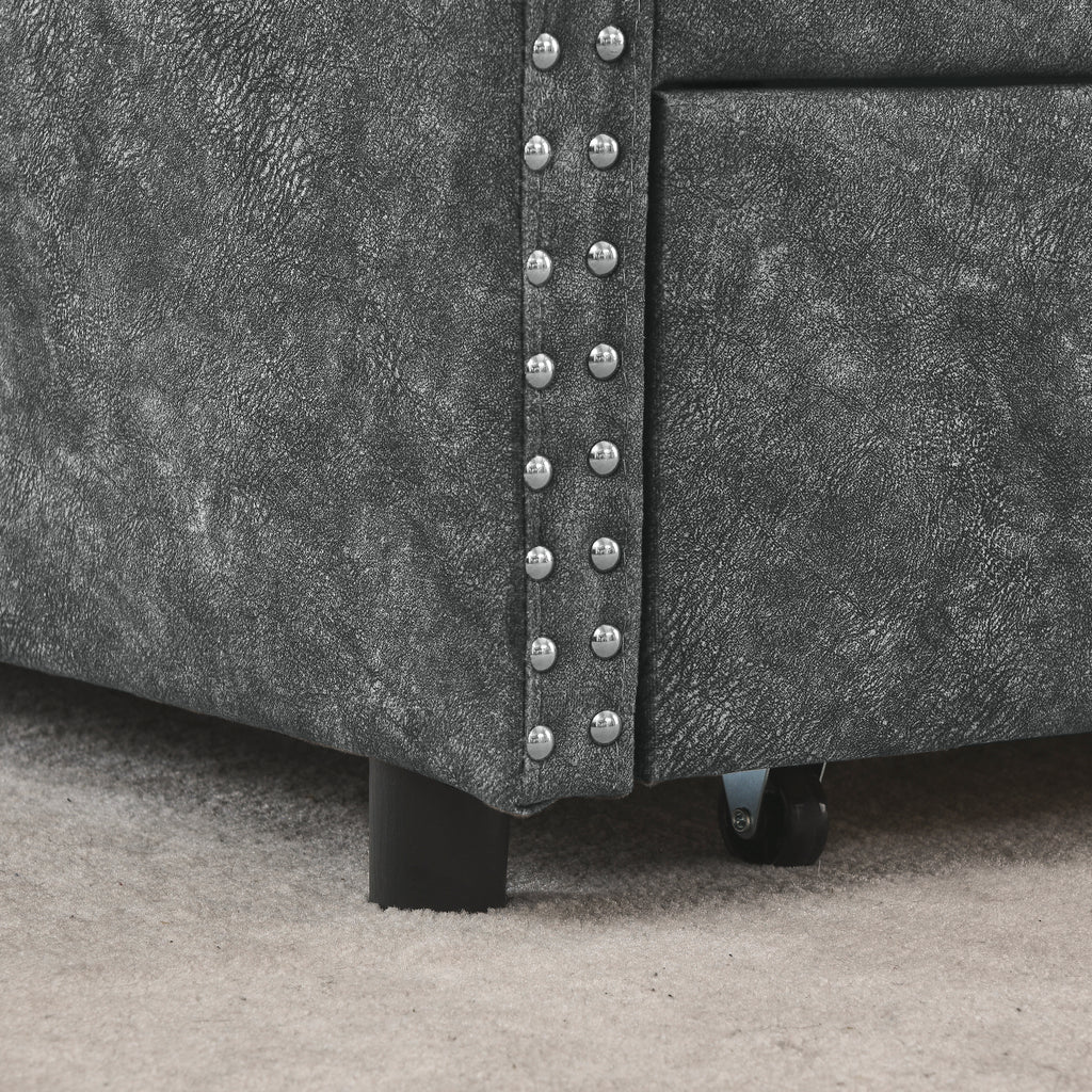 Mid-Century Grey Upholstered Tufted Daybed with Drawers and Copper Nail Trim, Queen Size (84.5'x63.5'x26.5') - Grand Goldman Shop