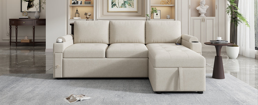 Convertible L-shaped Beige Sofa Couch with Storage, Cup Holders, USB Ports, Chenille Fabric - Grand Goldman Shop