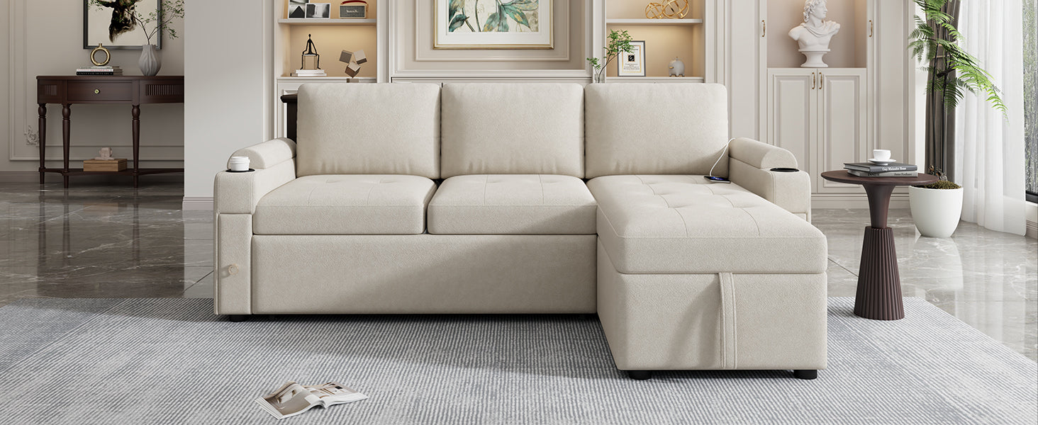 Convertible L-shaped Beige Sofa Couch with Storage, Cup Holders, USB Ports, Chenille Fabric - Grand Goldman Shop