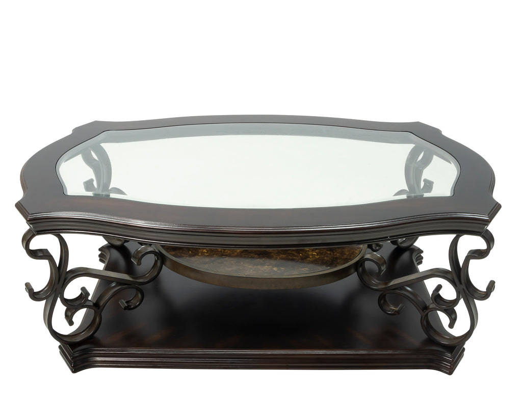Cocktail Table, Glass table top, MDF W/marble paper middle shelf, powder coat finish metal legs. (52'Lx32'Wx20.3'H) - Grand Goldman Shop
