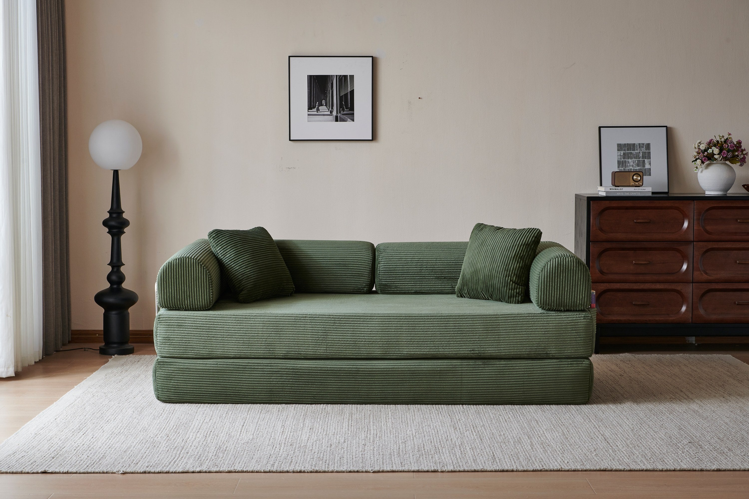 78.8' Compression Sofa,Convertible Floor Sofa Bed-with Pillow Back Support Armrest,Comfy Futon Couch Sleeper Bed,Loveseats Boneless Modular Sectional Sofa,Corduroy fabric,for Living Room,Bedroom,Green - Grand Goldman Shop