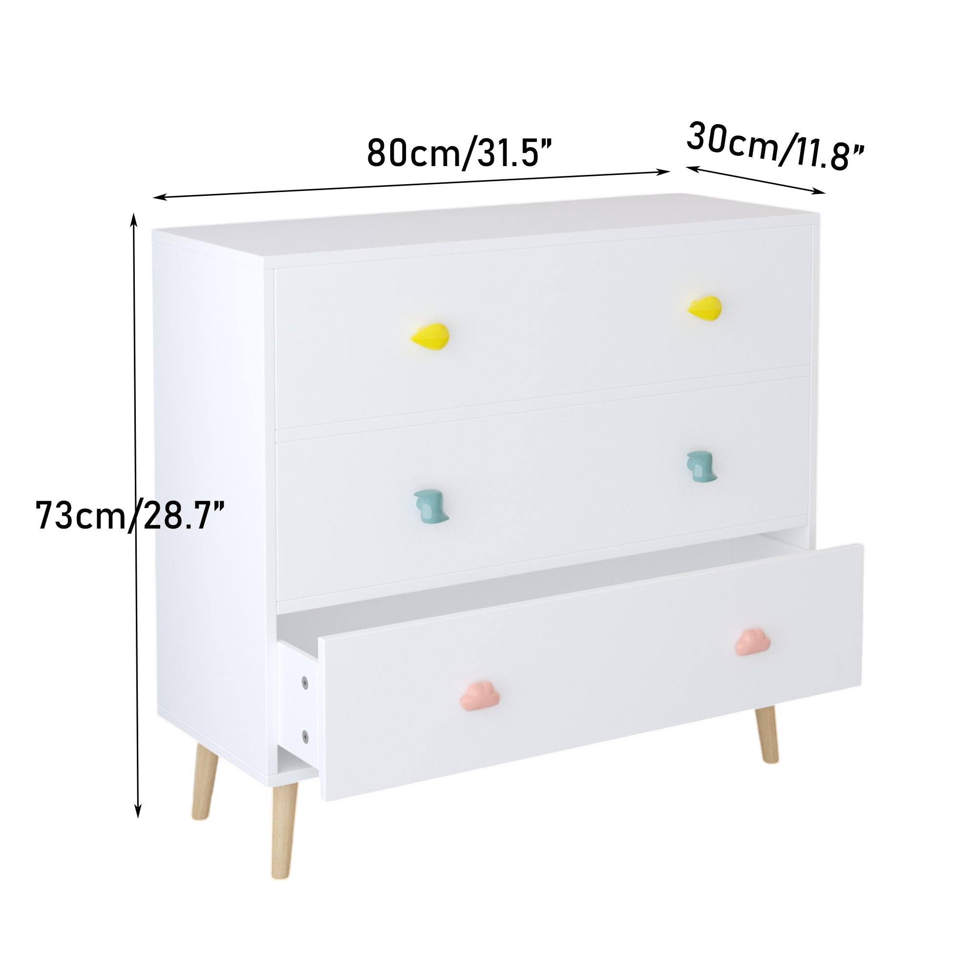 Kids 3 Drawer Dresser, White Nursery Storage Cabinet with Anti-Tip Safety Feature, Solid Wood and MDF Construction, Compact D