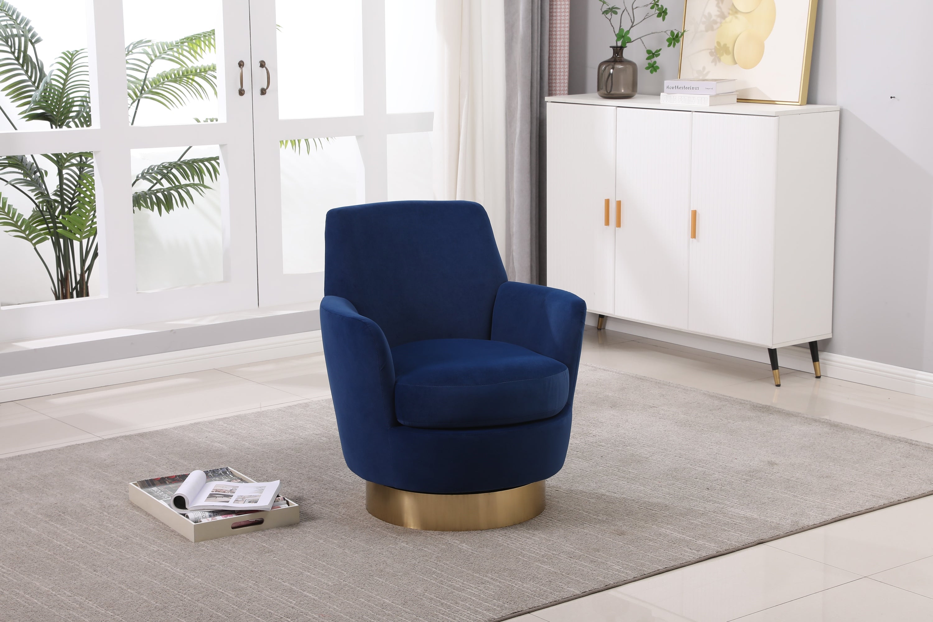 Velvet Swivel Barrel Chair, Swivel Accent Chairs Armchair for Living Room, Reading Chairs for Bedroom Comfy, Round Barrel Chairs with Gold Stainless Steel Base (Navy) - Grand Goldman Shop