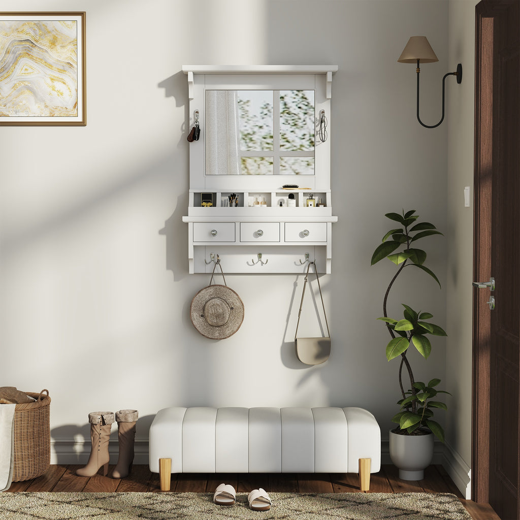 Floating Makeup Vanity with Big Mirror, Wall-Mounted Storage Vanity with Drawers, Pockets & Hooks, Space-Saving Decorative Home Organizer, White, Engineered Wood, 23.8 x 6.1 x 31.8 inches - Grand Goldman Shop