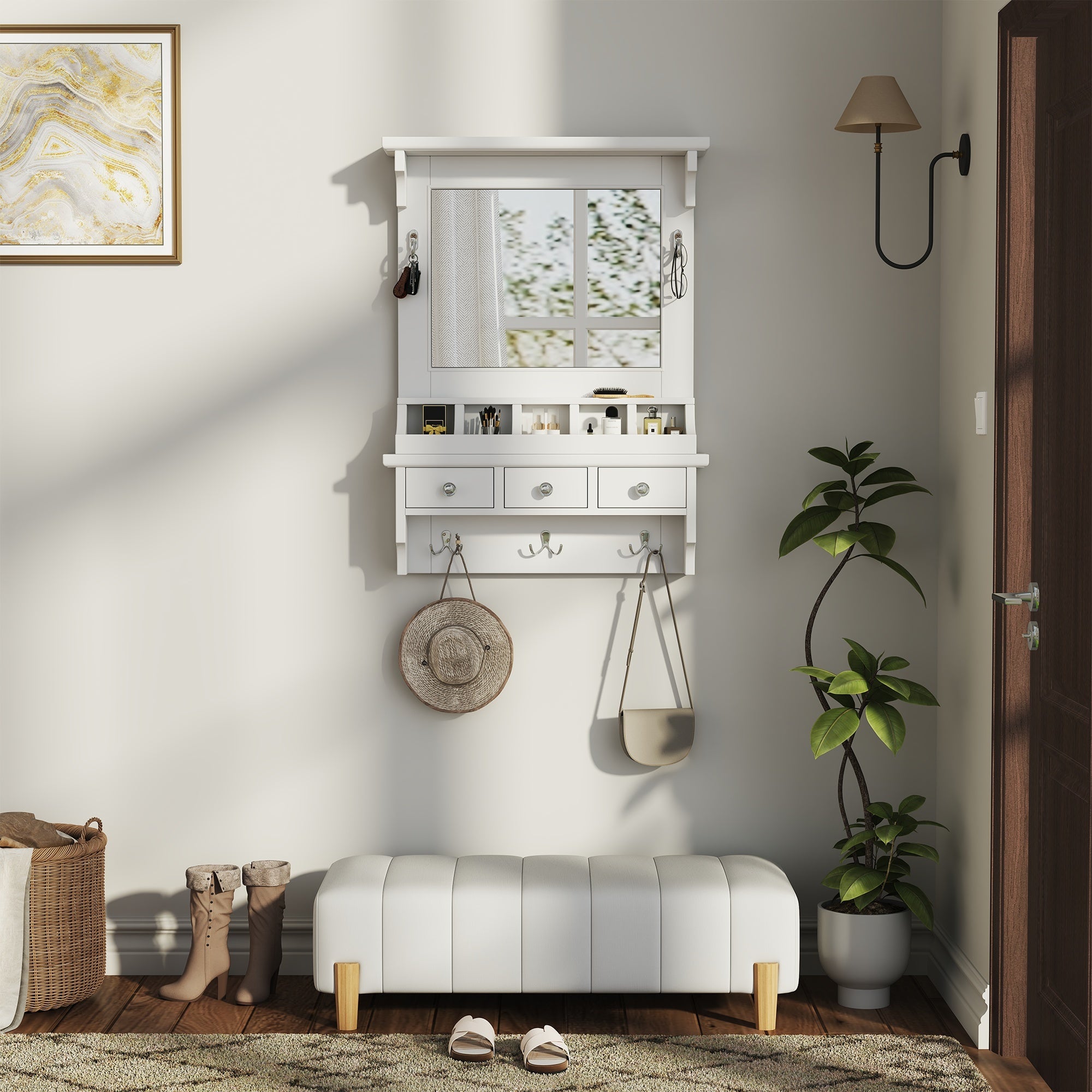 Floating Makeup Vanity with Big Mirror, Wall-Mounted Storage Vanity with Drawers, Pockets & Hooks, Space-Saving Decorative Home Organizer, White, Engineered Wood, 23.8 x 6.1 x 31.8 inches - Grand Goldman Shop