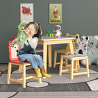 Kids Wood Table and Chair Set with Cartoon Animals Design, White Solid Wood & MDF Furniture for Ages 3-8, 5-Piece Table and C