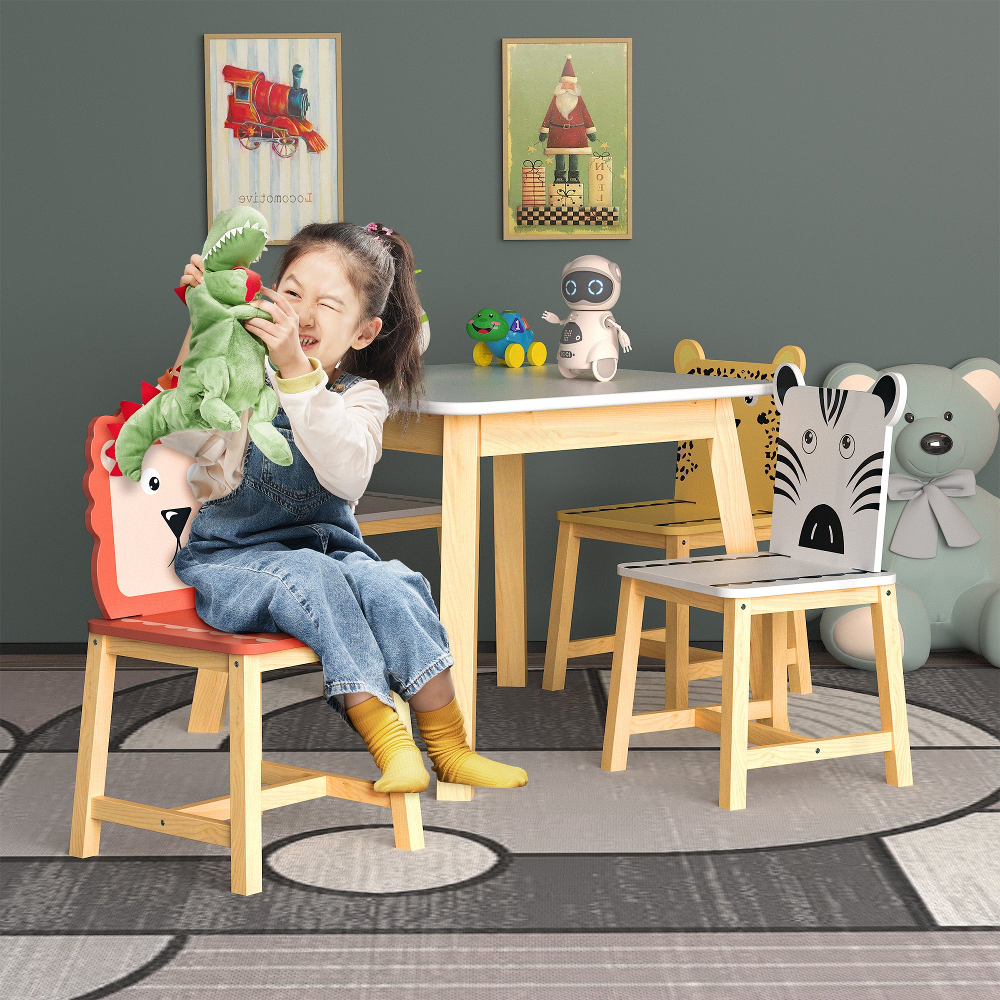 Kids Wood Table and Chair Set with Cartoon Animals Design, White Solid Wood & MDF Furniture for Ages 3-8, 5-Piece Table and C