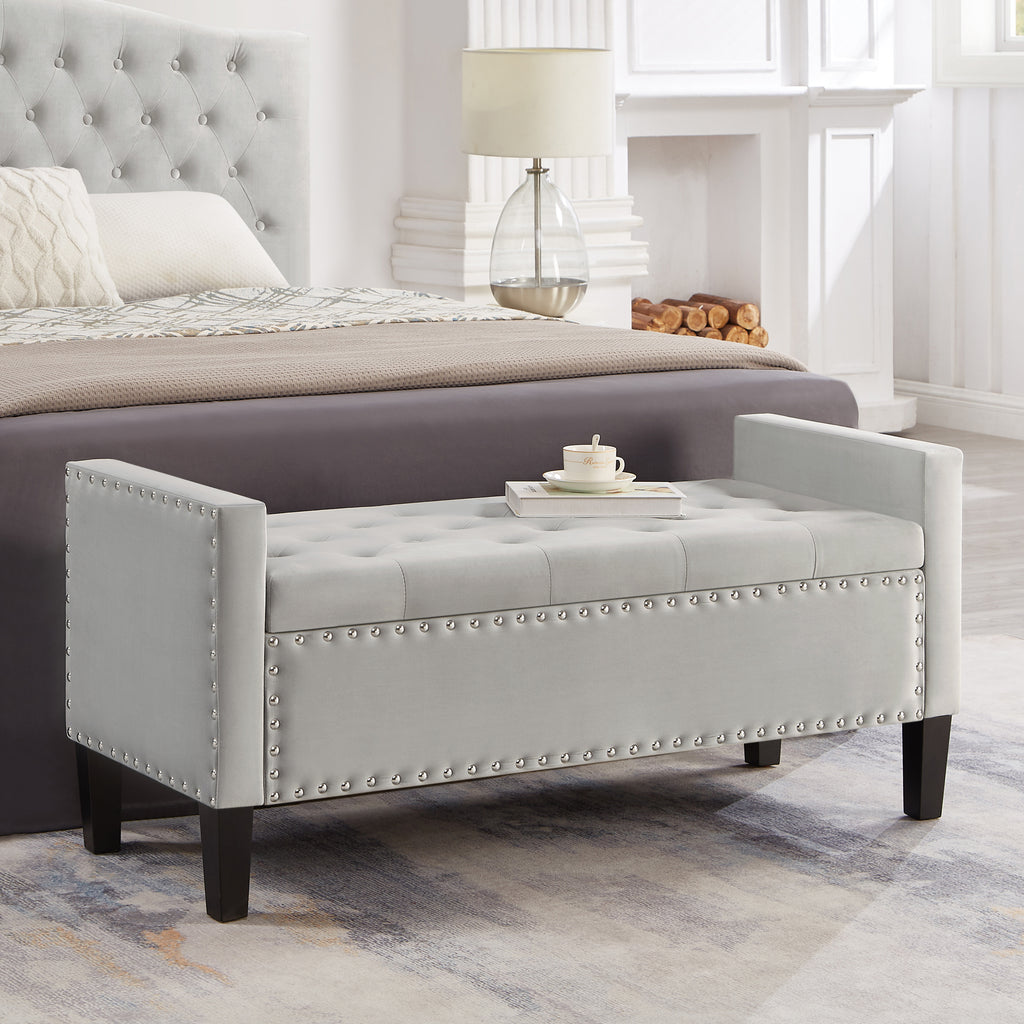 Upholstered Tufted Button Storage Bench with nails trim,Entryway Living Room Soft Padded Seat with Armrest,Bed Bench-Gray - Grand Goldman Shop