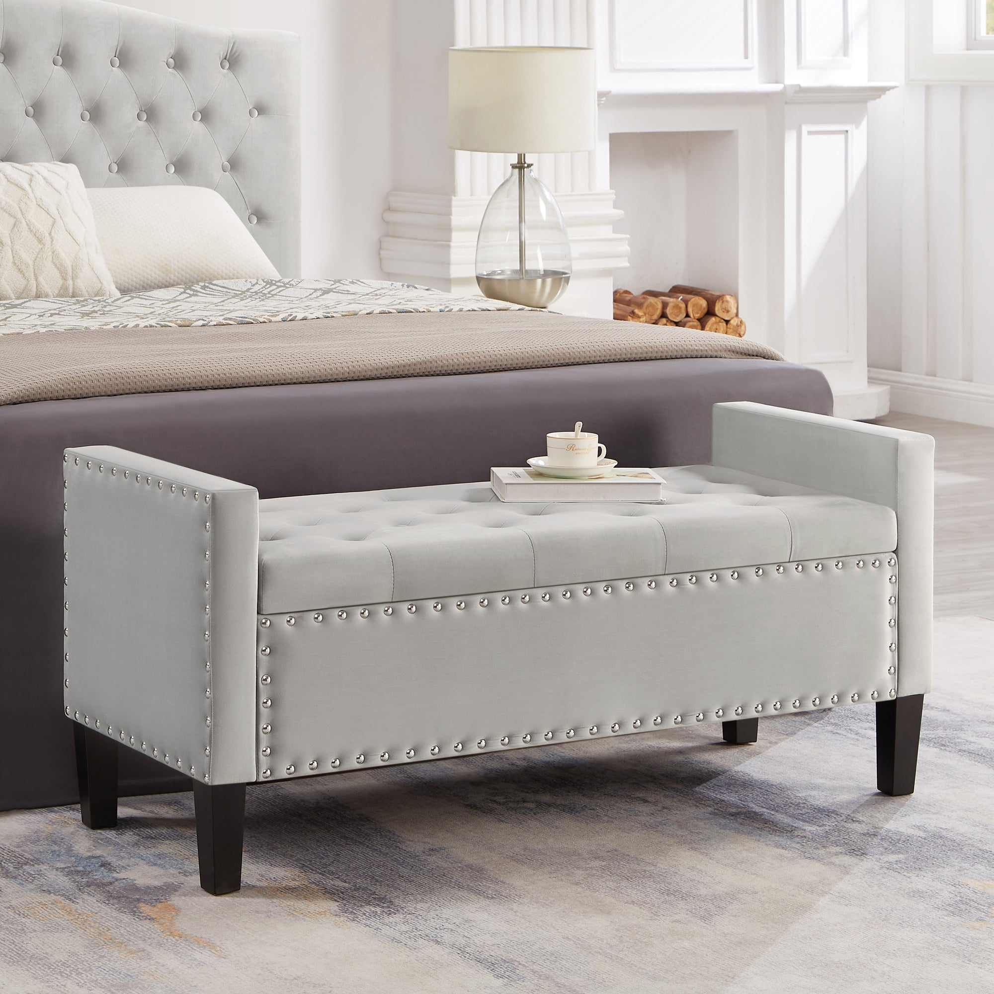 Upholstered Tufted Button Storage Bench with nails trim,Entryway Living Room Soft Padded Seat with Armrest,Bed Bench-Gray - Grand Goldman Shop