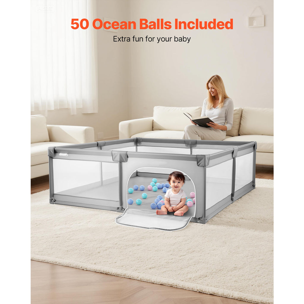 Baby Playpen, 78.7″ x 58.7″ Large Toddlers Playpen, Indoor/Outdoor Baby Fence Play Yard with 50 Ocean Balls, Zippered Door & 