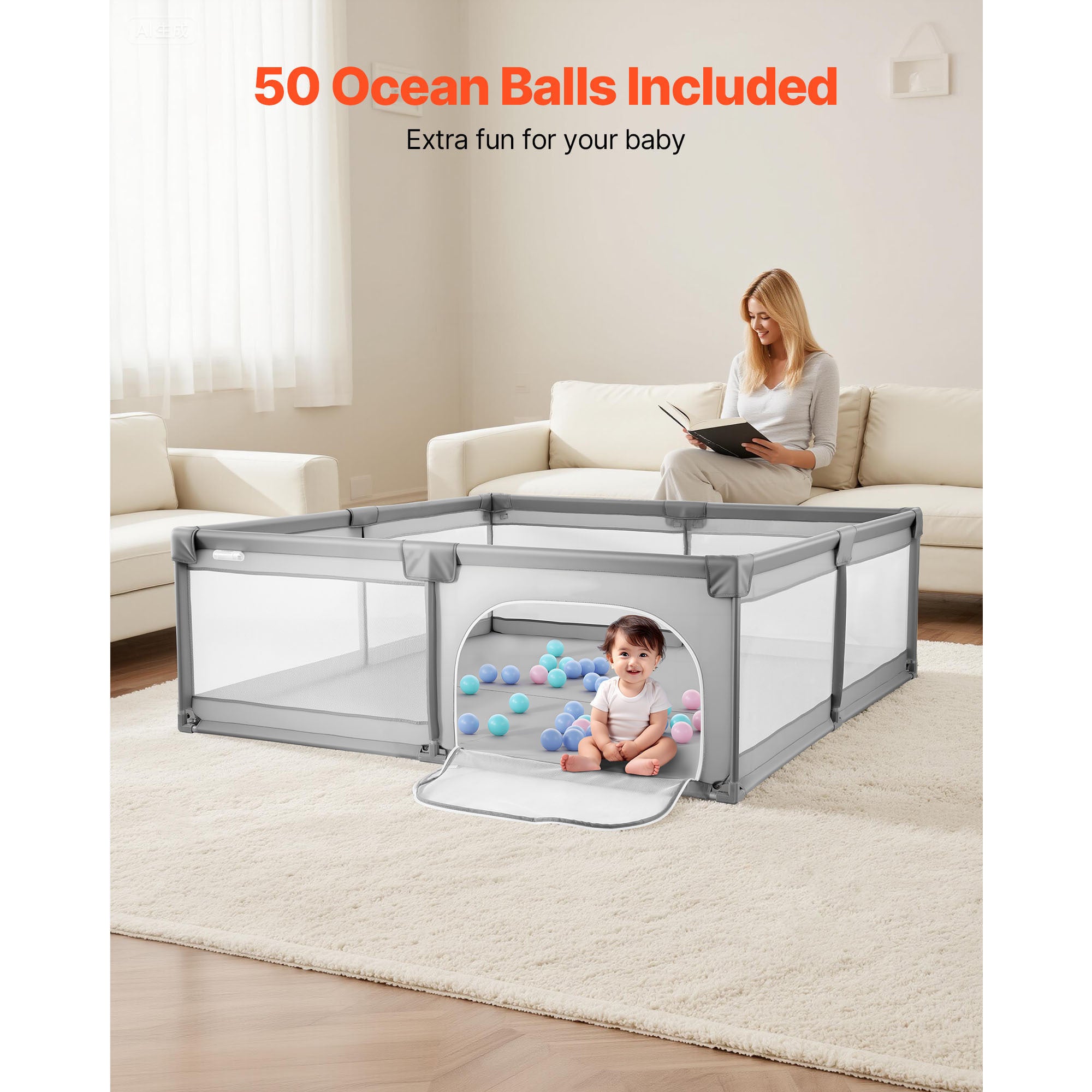 Baby Playpen, 78.7″ x 58.7″ Large Toddlers Playpen, Indoor/Outdoor Baby Fence Play Yard with 50 Ocean Balls, Zippered Door & 