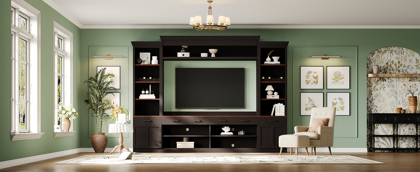 Farmhouse Entertainment Wall Unit with Bookshelf for TVs Up to 70', Walnut TV Stand with Adjustable Shelves, Mid-Century Media Console with Wine Rack for Living Room, Black (NEW SKU: N721S000046B-2) - Grand Goldman Shop
