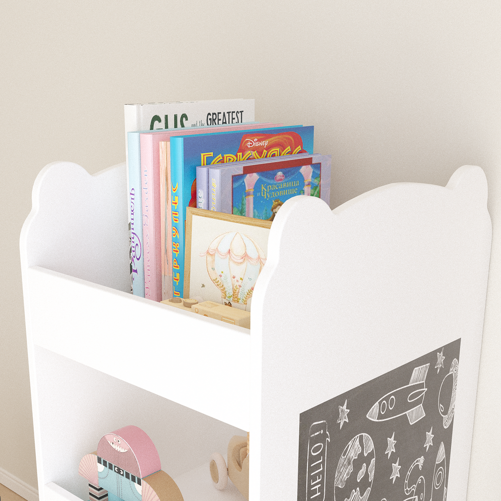 Kids Bookshelf with Chalkboard Side – Bear-Shaped Wooden Bookcase with 3-Tier Storage, Drawing Board for Toddlers, Toy and Bo