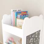 Kids Bookshelf with Chalkboard Side – Bear-Shaped Wooden Bookcase with 3-Tier Storage, Drawing Board for Toddlers, Toy and Bo
