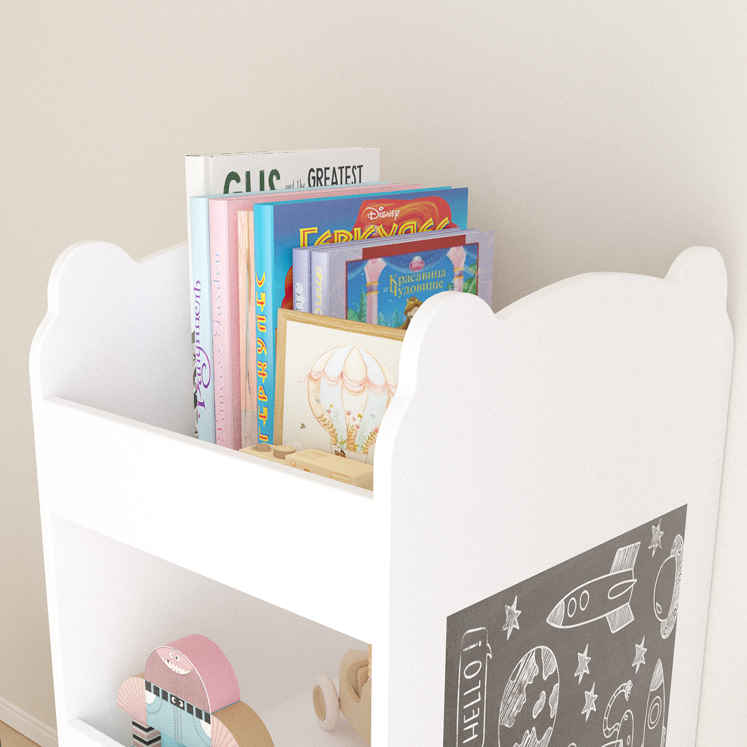 Kids Bookshelf with Chalkboard Side – Bear-Shaped Wooden Bookcase with 3-Tier Storage, Drawing Board for Toddlers, Toy and Bo