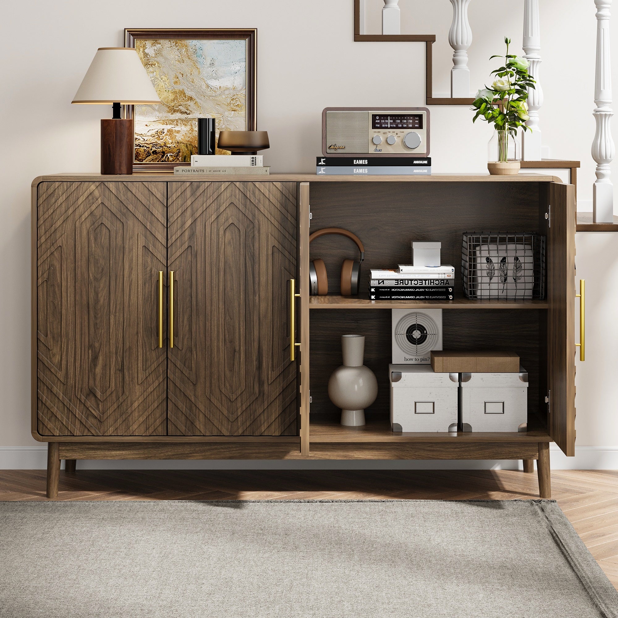 Modern Carved 4-Door Sideboard Buffet Cabinet with Storage, Adjustable Layer Board, Walnut Finish - Grand Goldman Shop