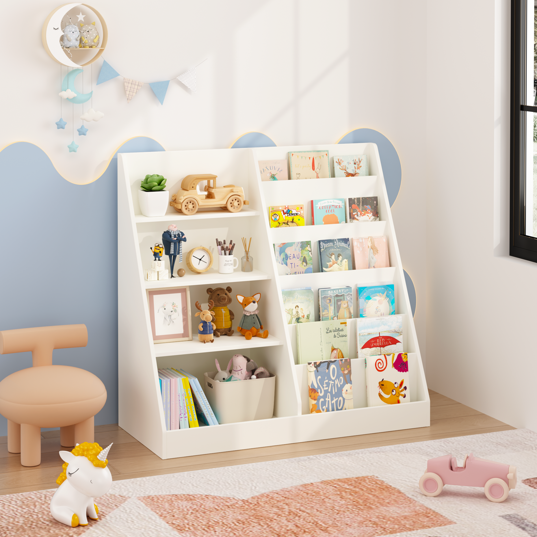 Kids Bookshelf and Toy Storage Organizer, Multifunctional 4-Tier White Wooden Bookcase with Toy Bin for Nursery, Playroom, or