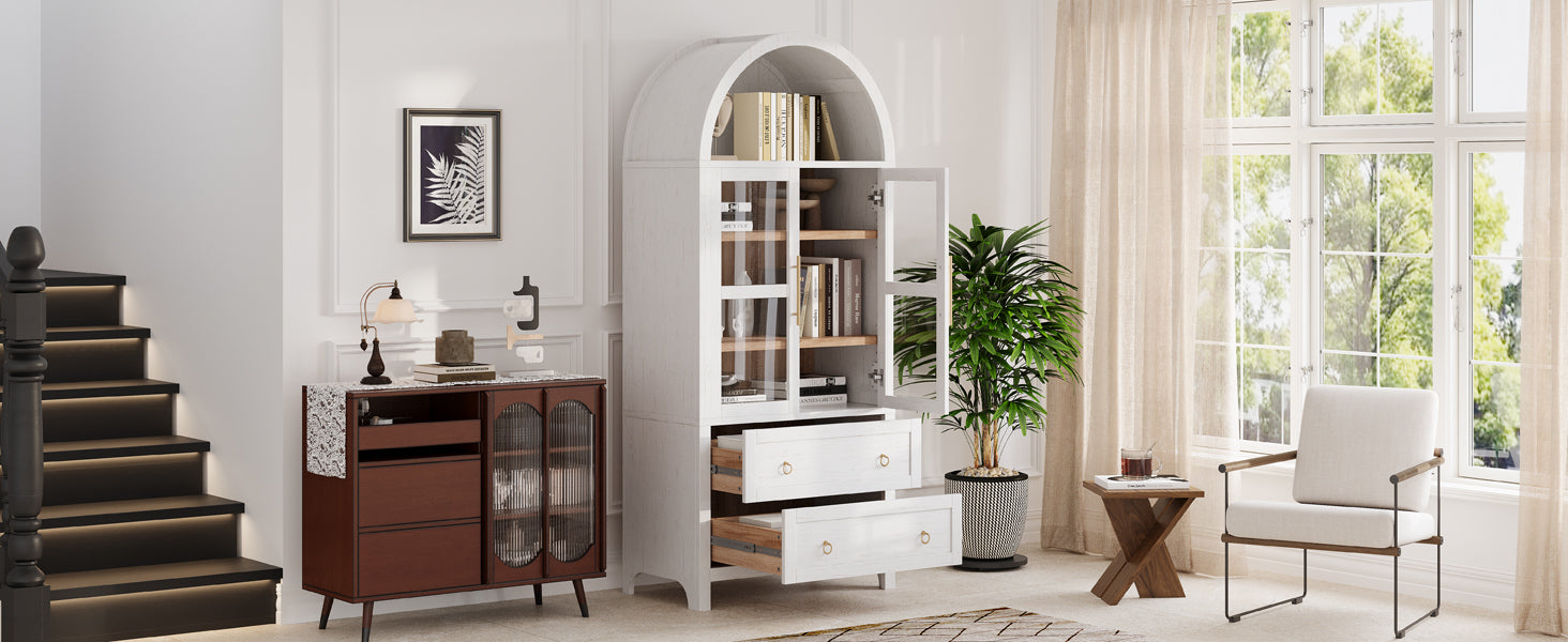 K&K 71' Tall Arched Kitchen Pantry Cabinet with 2 Large Drawers, Modern Farmhouse Kitchen Storage Cabinets with Adjustable Shelves, Glass Door, Wood Versatile Cupboard for Kitchens, Dining Room, White - Grand Goldman Shop