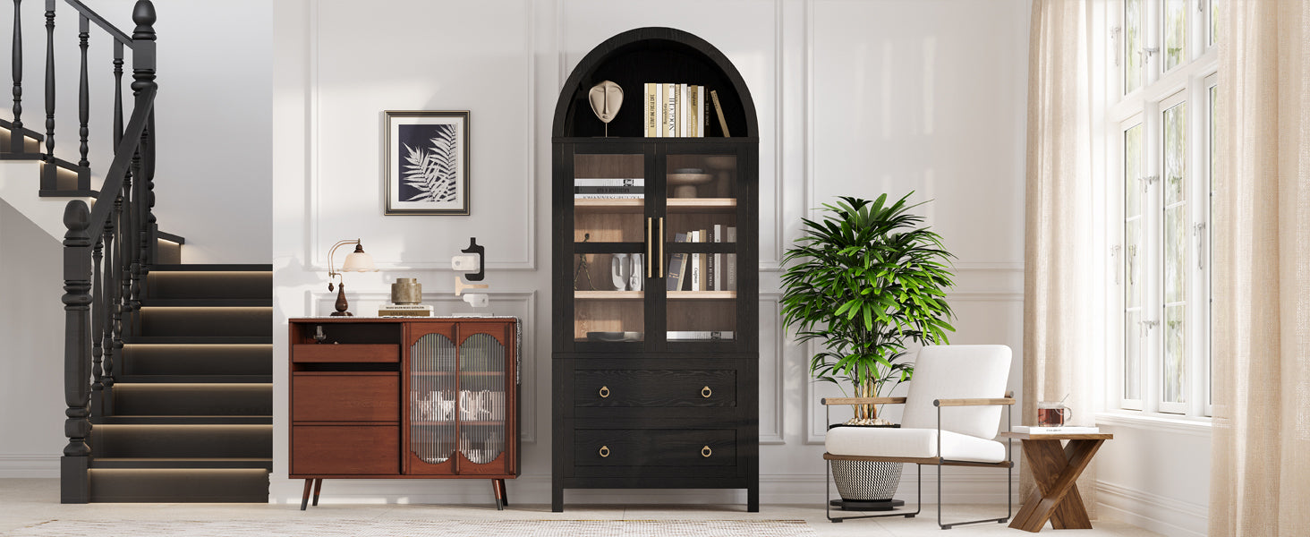 K&K 71' Tall Arched Kitchen Pantry Cabinet with 2 Large Drawers, Modern Farmhouse Kitchen Storage Cabinets with Adjustable Shelves, Glass Door, Wood Versatile Cupboard for Kitchens, Dining Room, Black - Grand Goldman Shop
