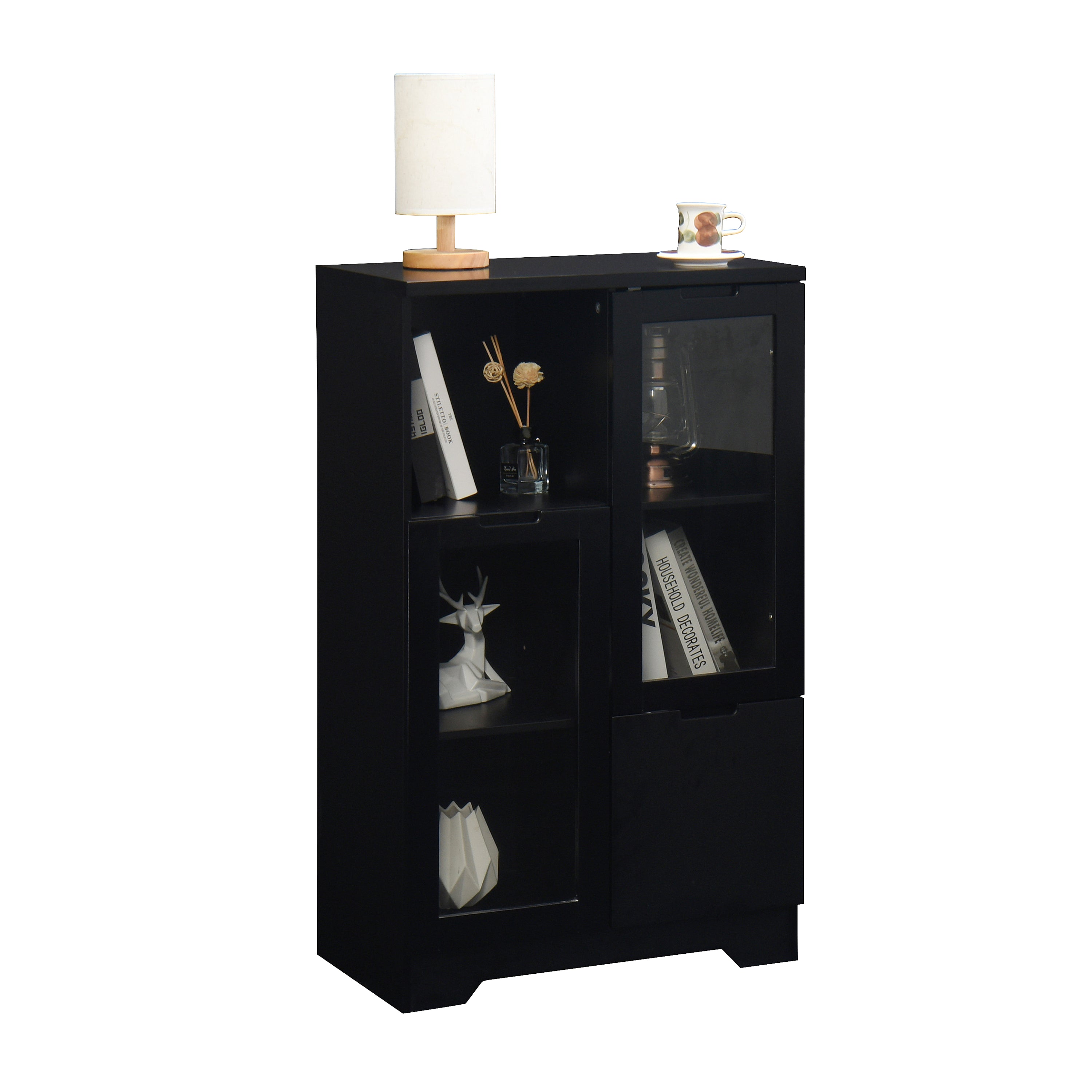 Modern MDF Painted Cabinet with Glass Doors and Drawer, Black, Bedroom or Living Room Storage - Grand Goldman Shop