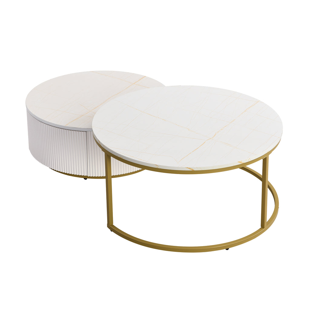 Modern Round Nesting Coffee Table Fluted with Drawer in White & Gold in 31.5'' - Grand Goldman Shop