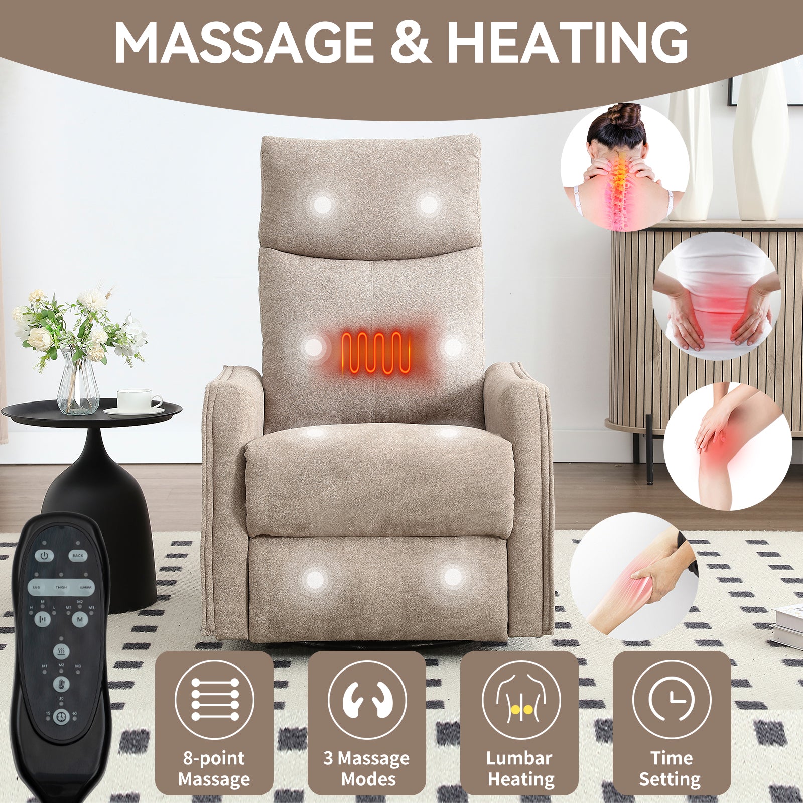 Heat Massage Manual Recliner Chair with Rocker and Swivel in Fabric for Living Room, Khaki - Grand Goldman Shop