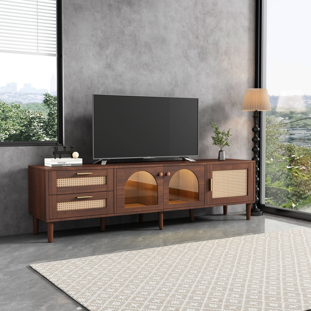 Dark Brown Rattan-inspired TV Stand with 3 Cabinets & 2 Drawers, LED Light Media Console for TVs up to 80'', MDF & Solid Wood Construction - Grand Goldman Shop