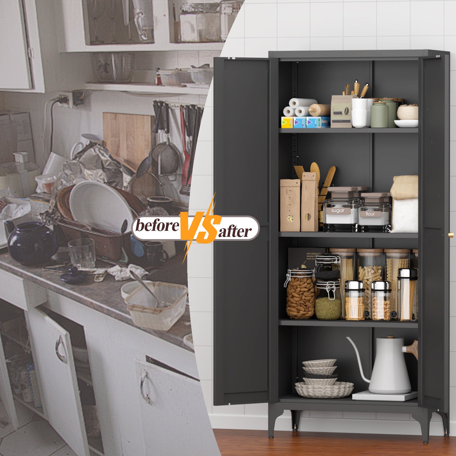 Black Metal Adjustable 2-Door Kitchen Pantry Cabinet with Striped Design and Gold Handles, Tall Steel Storage Locker for Kitc