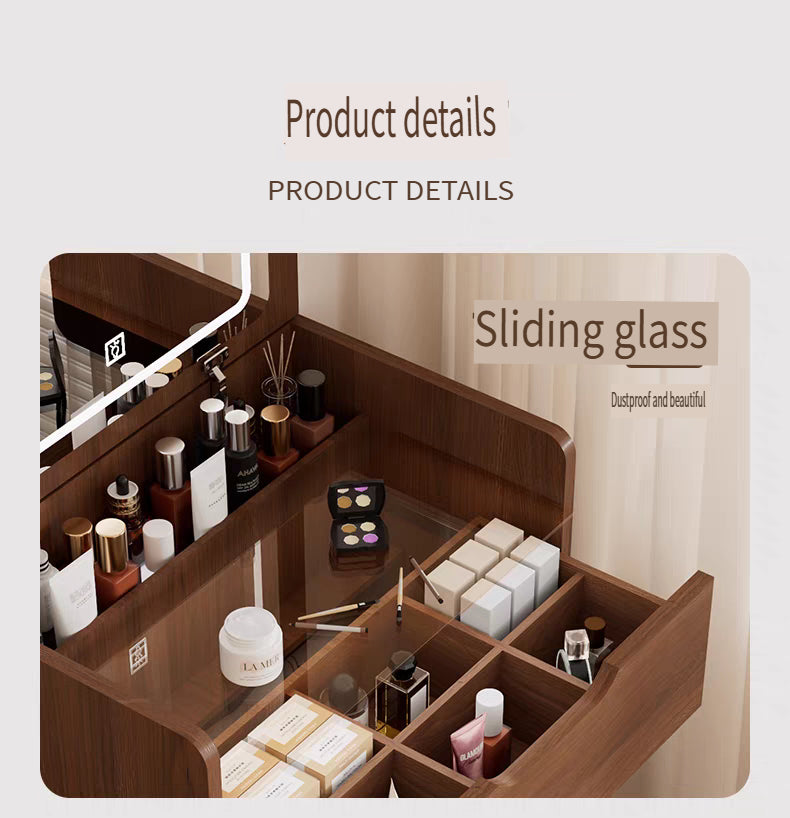 (48cm)(Walnut) 3 in 1 Vanity Desk with Plip Top Mirror,Small Make Up Vanity Set with Visible Glass Desktop, Compact Makeup Vanity with 3 Drawers, Dressing Table - Grand Goldman Shop