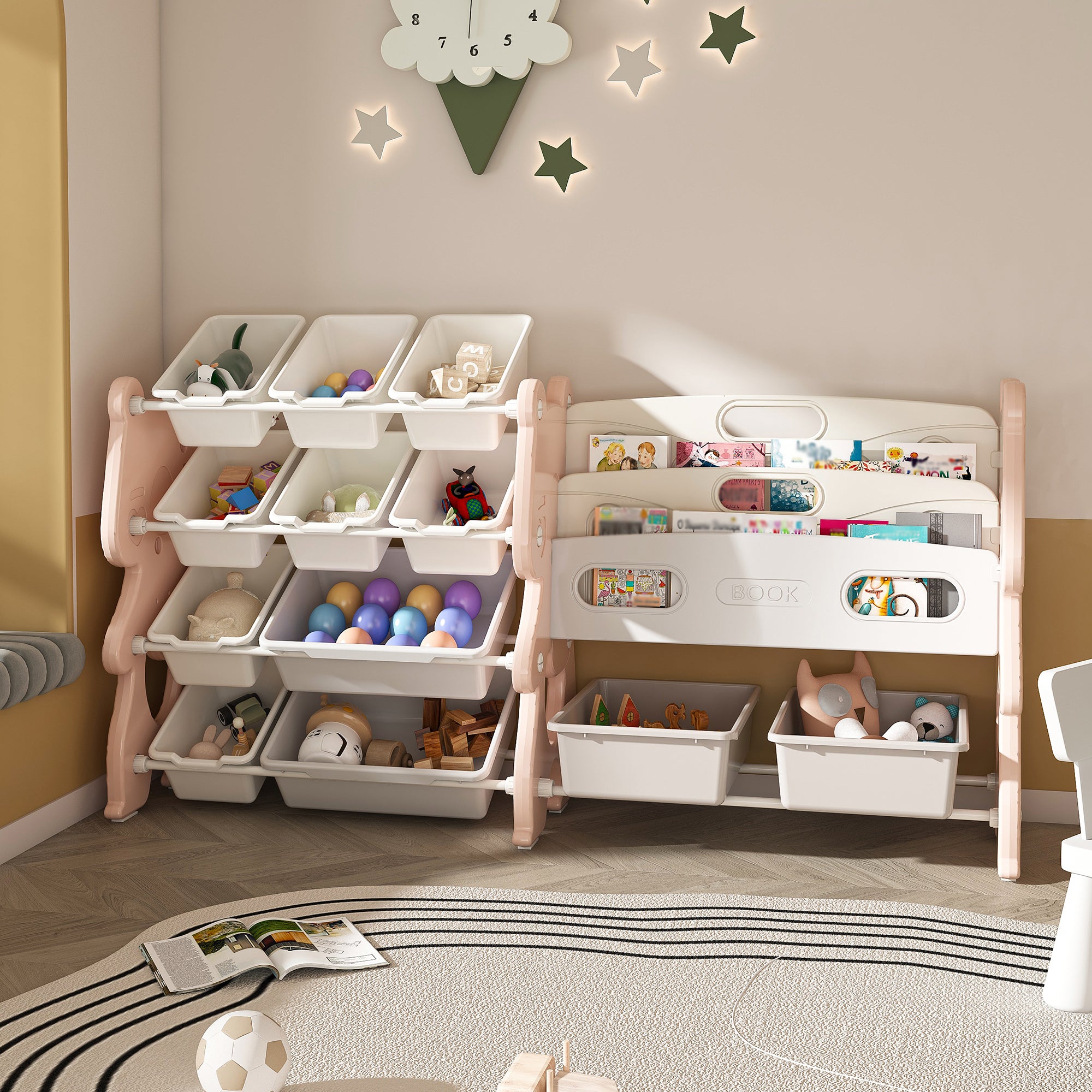 Kids Toy Storage Organizer with 2 Tier Bookshelf and 12 Toy Bins, Pink Polyethylene - Grand Goldman Shop